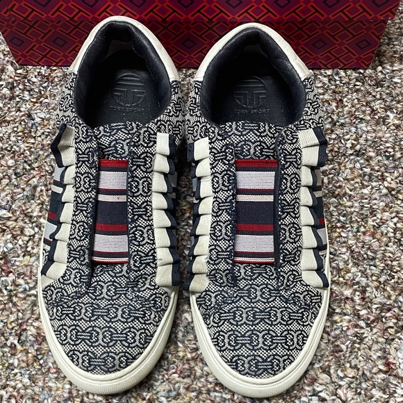 Tory Burch Other - Tory Burch Navy, Ivory & Red Patterned Slip-On Sneakers